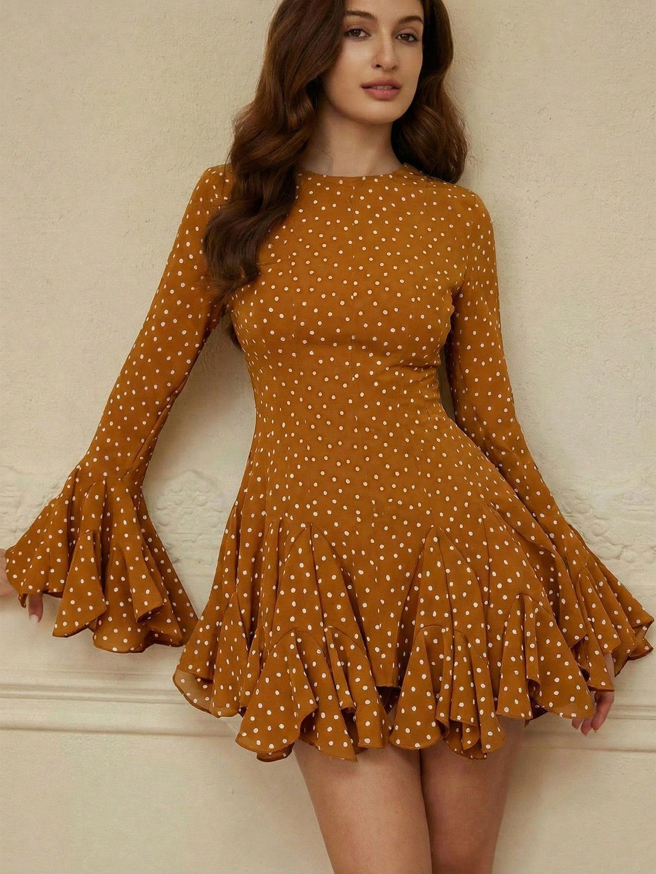 BELROSIE Summer Elegant Polka Dot Ruffle Dress,Beige Long Sleeve Flared Cuff Boho A-Line Mini Dress,Fall Winter Tea Party Vintage Round Neck Slim Gown