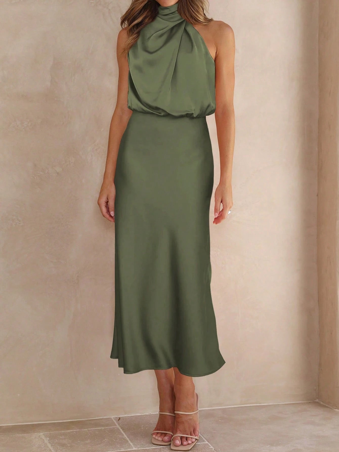 Bestselling European & American Fashion Women's Satin Sleeveless Mid-Length Green Dress, Elegant & Versatile Design Evening Gown Party Summer