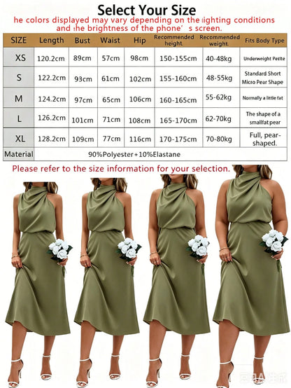 Bestselling European & American Fashion Women's Satin Sleeveless Mid-Length Green Dress, Elegant & Versatile Design Evening Gown Party Summer
