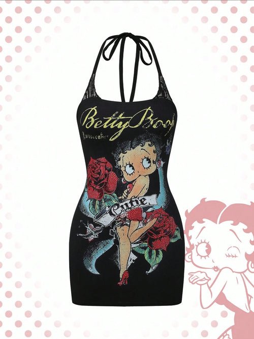 Betty Boop| ROMWE Spring/Summer Graphic Black Gothic Dark Palace Asymmetrical Hem Purple Mysterious Horror Midnight Lace Asymmetrical Palace Skirt For Women