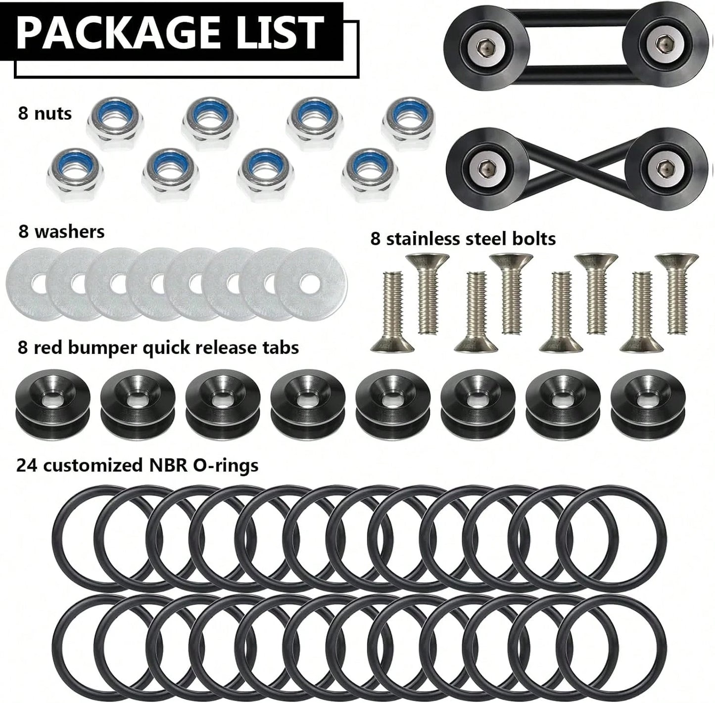 BFXM Universal Bumper Clips, Front Rear Bumper Quick Release Kit, Bumper Holders For Cars (8 Black Bumper Quick Release Tabs And 24 Customized