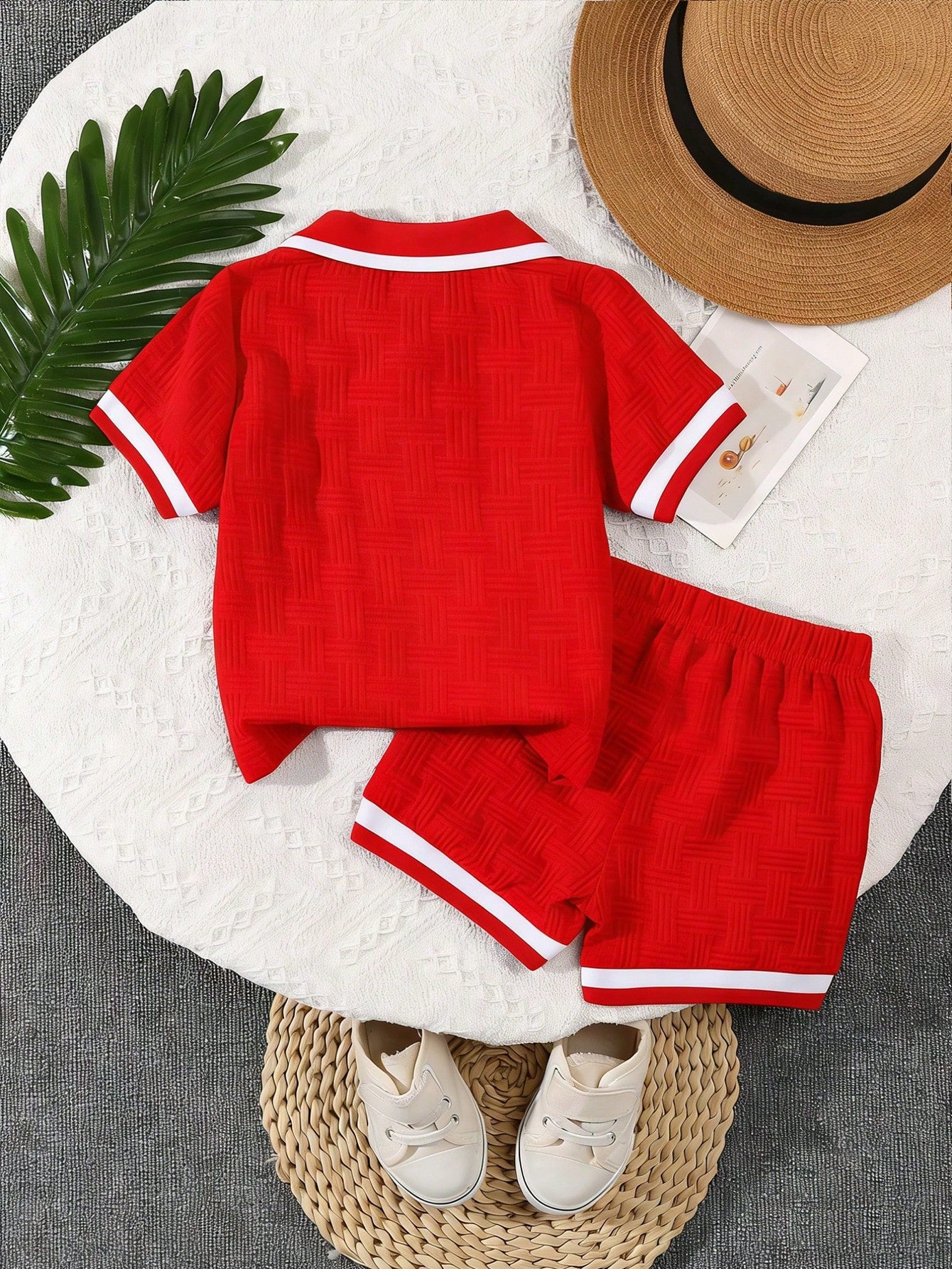 Bhchntiy 2pcs/Set Baby Boy Summer New Polo Collar Jacquard Solid Color Top And Shorts Casual Fashion Outfit