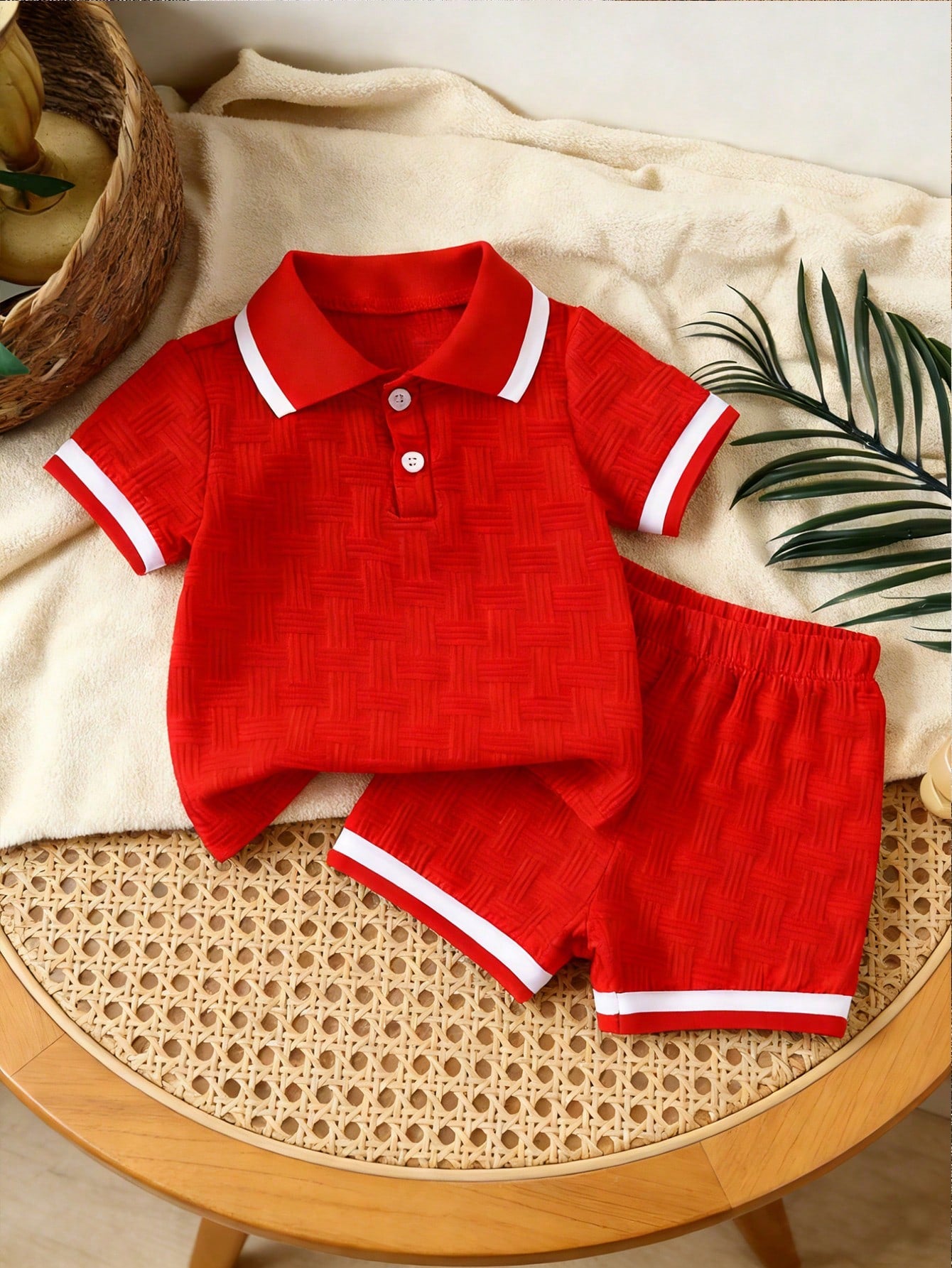 Bhchntiy 2pcs/Set Baby Boy Summer New Polo Collar Jacquard Solid Color Top And Shorts Casual Fashion Outfit