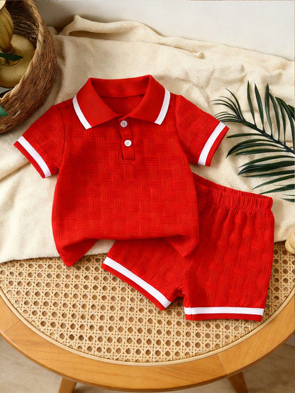 Bhchntiy 2pcs/Set Baby Boy Summer New Polo Collar Jacquard Solid Color Top And Shorts Casual Fashion Outfit