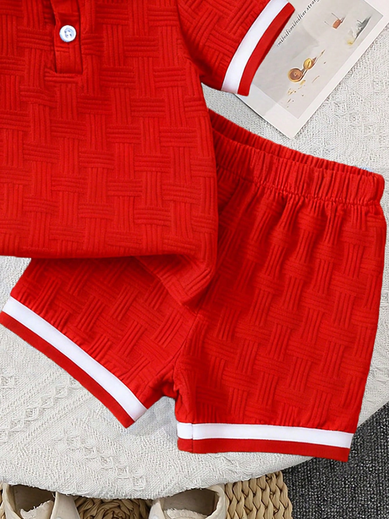 Bhchntiy 2pcs/Set Baby Boy Summer New Polo Collar Jacquard Solid Color Top And Shorts Casual Fashion Outfit