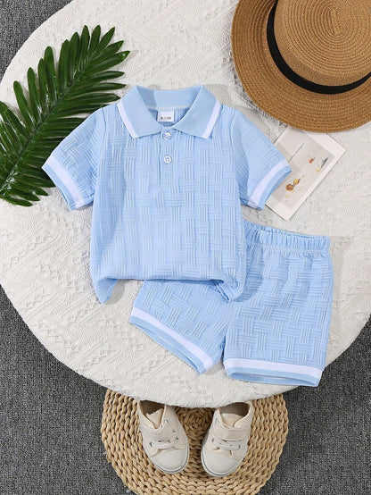 Bhchntiy 2pcs/Set Baby Boy Summer New Polo Collar Jacquard Solid Color Top And Shorts Casual Fashion Outfit