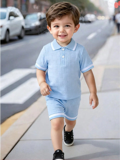 Bhchntiy 2pcs/Set Baby Boy Summer New Polo Collar Jacquard Solid Color Top And Shorts Casual Fashion Outfit