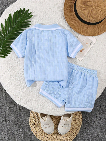 Bhchntiy 2pcs/Set Baby Boy Summer New Polo Collar Jacquard Solid Color Top And Shorts Casual Fashion Outfit