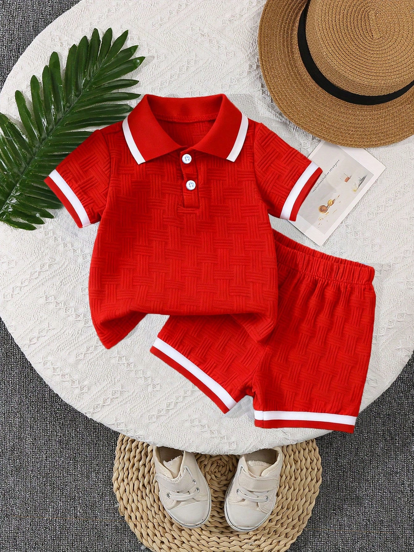 Bhchntiy 2pcs/Set Baby Boy Summer New Polo Collar Jacquard Solid Color Top And Shorts Casual Fashion Outfit