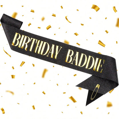BIRTHDAY BADDIE Birthday Sash, Black Glitter Birthday Sash With Gold Foil Funny Birthday Sash, Party Supplies Decoration