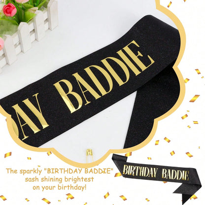 BIRTHDAY BADDIE Birthday Sash, Black Glitter Birthday Sash With Gold Foil Funny Birthday Sash, Party Supplies Decoration