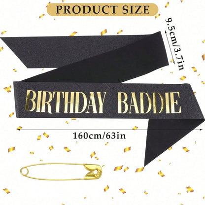 BIRTHDAY BADDIE Birthday Sash, Black Glitter Birthday Sash With Gold Foil Funny Birthday Sash, Party Supplies Decoration
