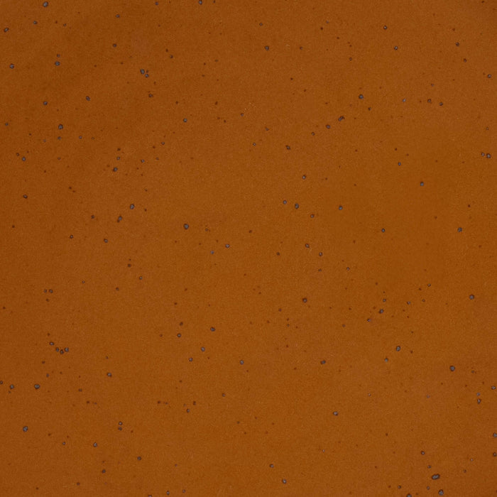 A closeup of a ceramic plate in a glossy caramel brown color with iron speckles throughout