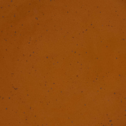 A closeup of a ceramic plate in a glossy caramel brown color with iron speckles throughout