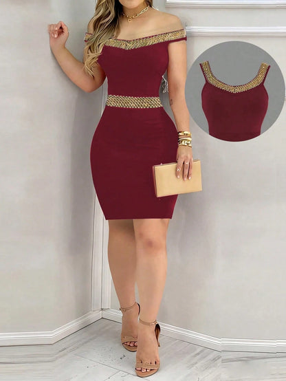 Black Elegant Bodycon Dress For Women- Sleeveless Halter Neck With Sequin Webbing Backless Fit, Suitable For Autumn Polyeste, Party Dress Summer