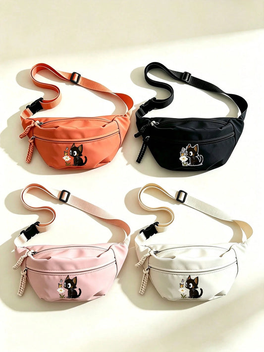 Black Nylon Cat Print Waist Bag With Adjustable Wide Crossbody Strap And Plush Round Coin Purse, Multi-Layer Zipper Pockets, Large Capacity, Waterproof And Durable, Suitable For Commuting, Shopping, C