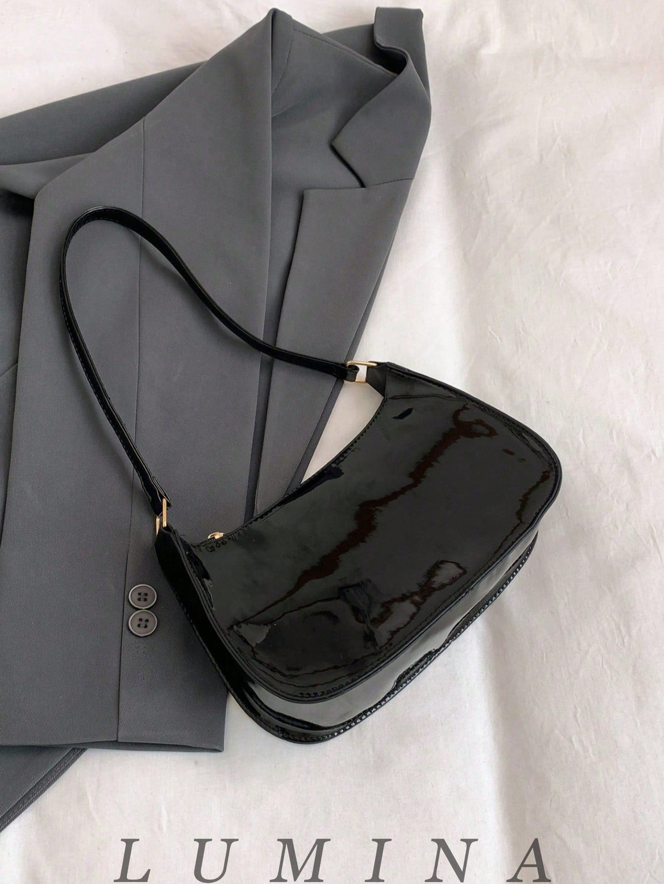Black Purse Glossy Patent Leather Underarm Hobo Handbag For Women, Casual Daily Shopping Purses And Bags