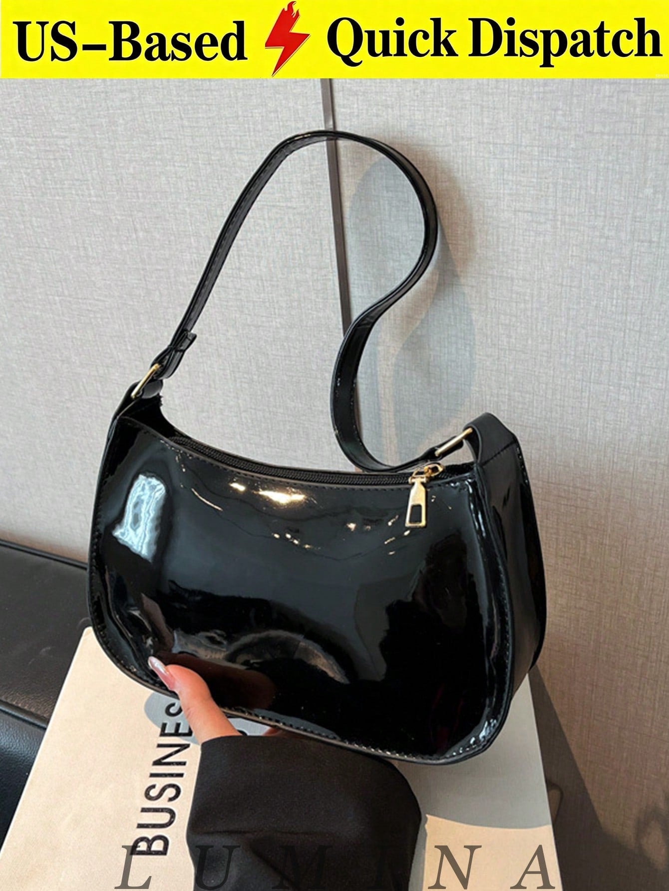 Black Purse Glossy Patent Leather Underarm Hobo Handbag For Women, Casual Daily Shopping Purses And Bags
