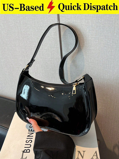 Black Purse Glossy Patent Leather Underarm Hobo Handbag For Women, Casual Daily Shopping Purses And Bags