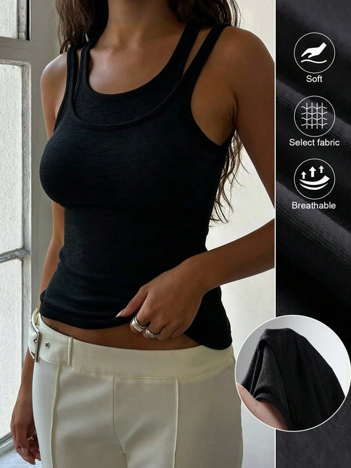 Black Sleeveless Double Layer Tank Top, Fashion Casual Spring/Summer Standard Size