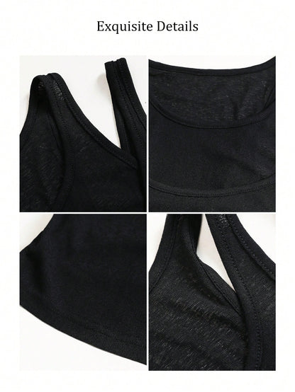 Black Sleeveless Double Layer Tank Top, Fashion Casual Spring/Summer Standard Size