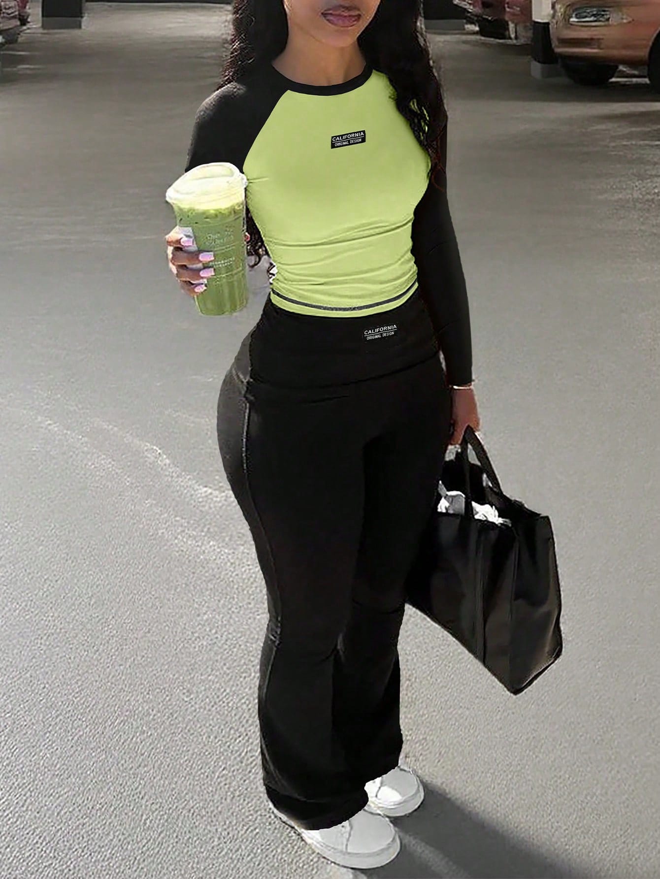 Black & White Contrast Women's Autumn 2-Piece Set Casual Style Sweatpants + Long Sleeve Tight Top Daily Wear Home