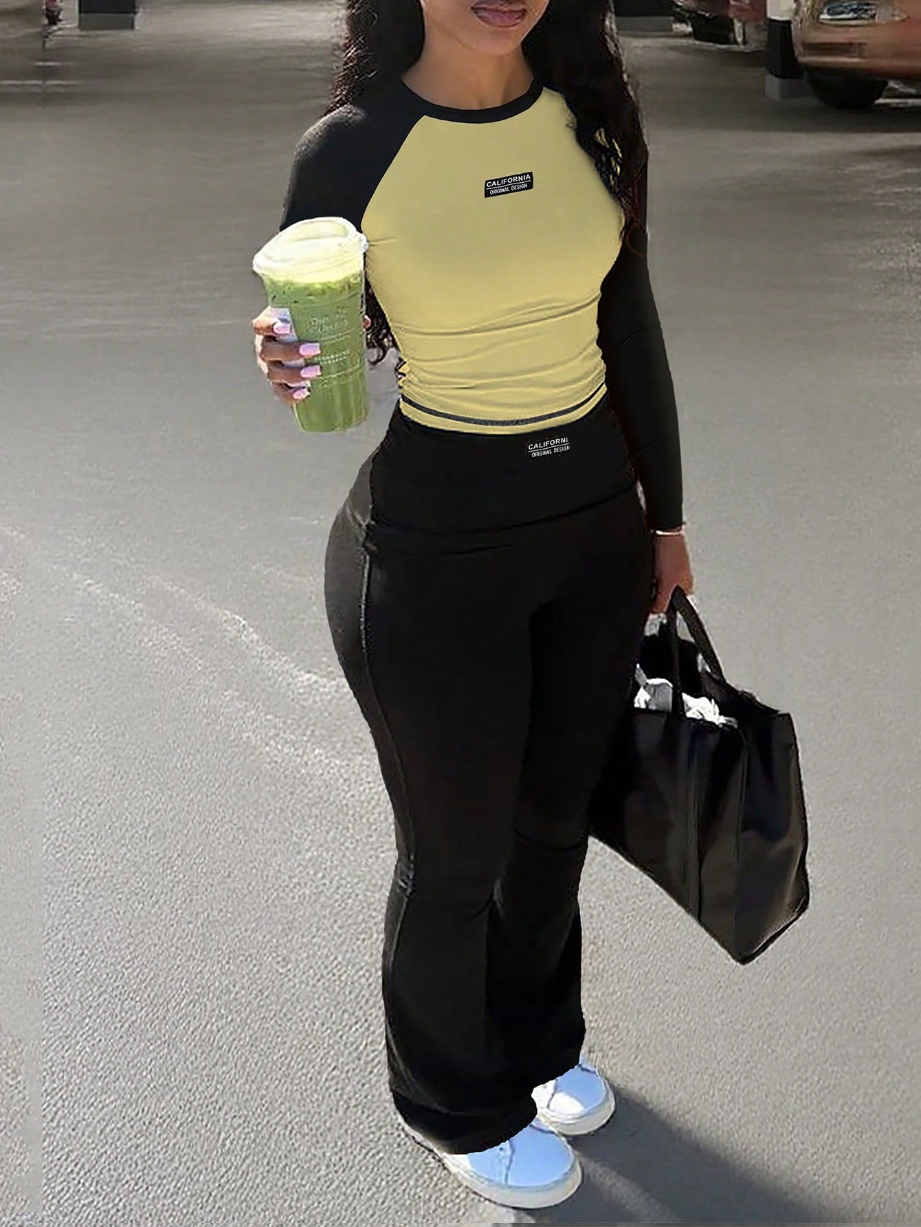 Black & White Contrast Women's Autumn 2-Piece Set Casual Style Sweatpants + Long Sleeve Tight Top Daily Wear Home