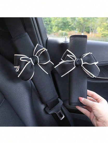 Black With White Edge Bow Car Shoulder Strap Pads (1/2pcs)| Summer Car Interior Decoration Shoulder Covers| Soft And Comfortable Car Shoulder Sleeves| Fashionable And Practical, Reduces Shoulder Pr