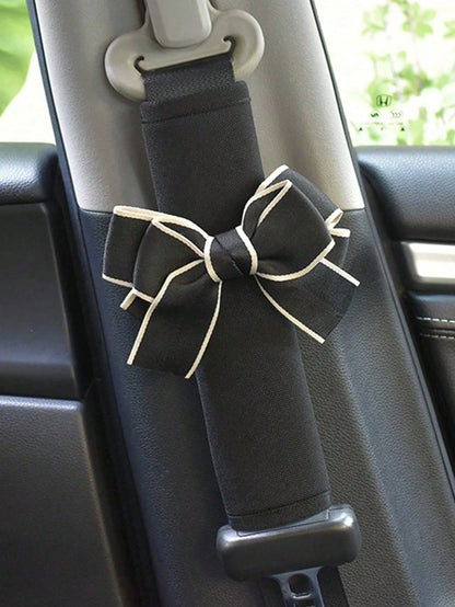 Black With White Edge Bow Car Shoulder Strap Pads (1/2pcs)| Summer Car Interior Decoration Shoulder Covers| Soft And Comfortable Car Shoulder Sleeves| Fashionable And Practical, Reduces Shoulder Pr