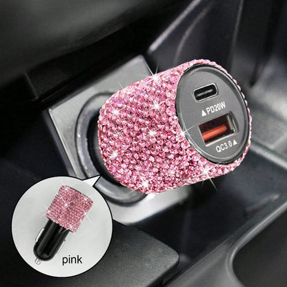 Bling Bling USB-C PD Car Charger Adapter, Fast Charging, Suitable For Various Small Vehicles,3-In-1 Fast Charging Cable With LED Light Rhinestones Crystal Diamond Shining Party Birthday Holiday Best G