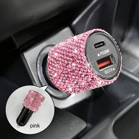 Bling Bling USB-C PD Car Charger Adapter, Fast Charging, Suitable For Various Small Vehicles,3-In-1 Fast Charging Cable With LED Light Rhinestones Crystal Diamond Shining Party Birthday Holiday Best G