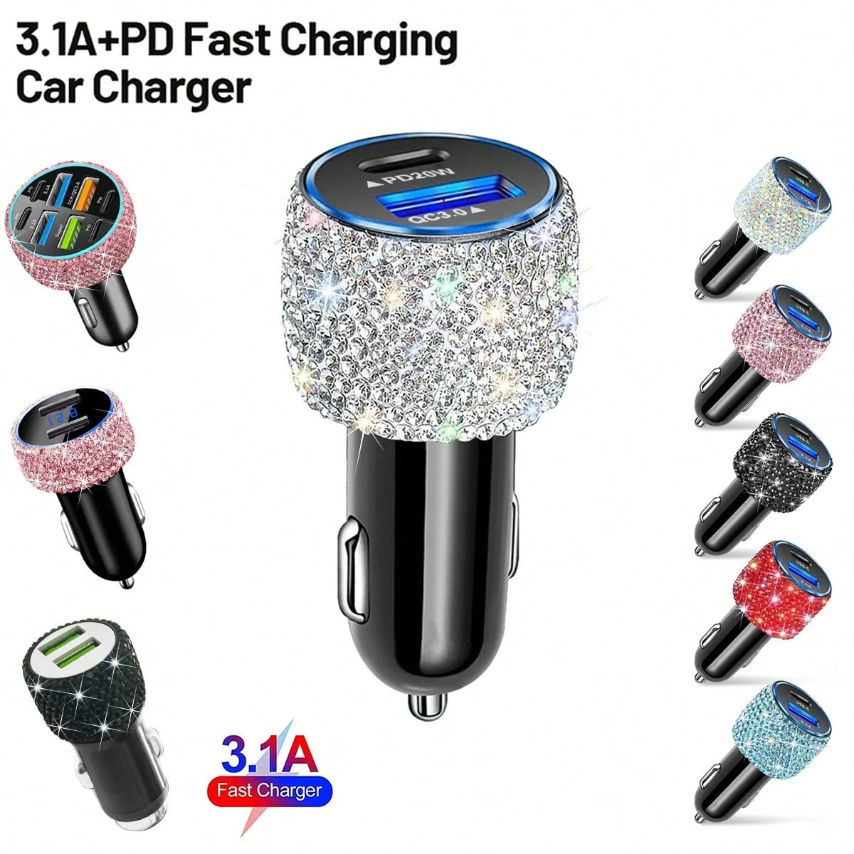 Bling Bling USB-C PD Car Charger Adapter, Fast Charging, Suitable For Various Small Vehicles,3-In-1 Fast Charging Cable With LED Light Rhinestones Crystal Diamond Shining Party Birthday Holiday Best G