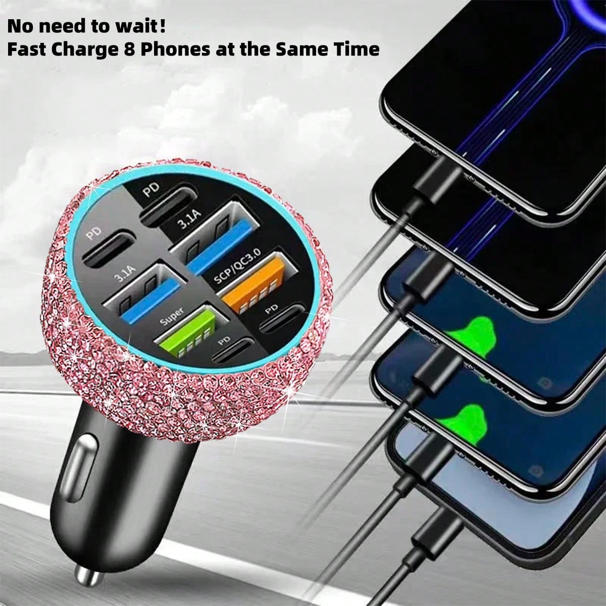 Bling Bling USB-C PD Car Charger Adapter, Fast Charging, Suitable For Various Small Vehicles,3-In-1 Fast Charging Cable With LED Light Rhinestones Crystal Diamond Shining Party Birthday Holiday Best G