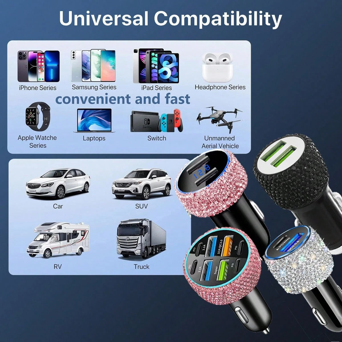 Bling Bling USB-C PD Car Charger Adapter, Fast Charging, Suitable For Various Small Vehicles,3-In-1 Fast Charging Cable With LED Light Rhinestones Crystal Diamond Shining Party Birthday Holiday Best G
