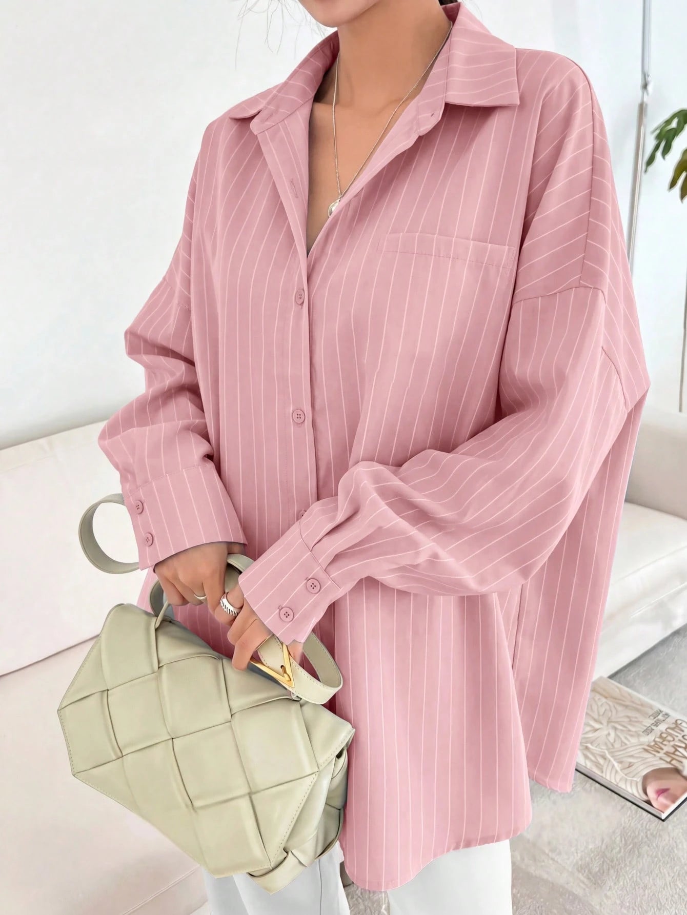 Blue And White Striped Front Button Pocket Long Sleeve Shirt, Autumn