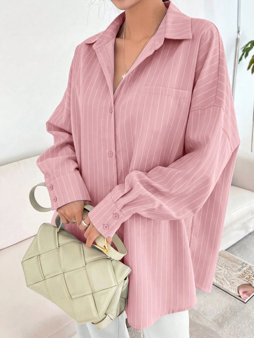 Blue And White Striped Front Button Pocket Long Sleeve Shirt, Autumn