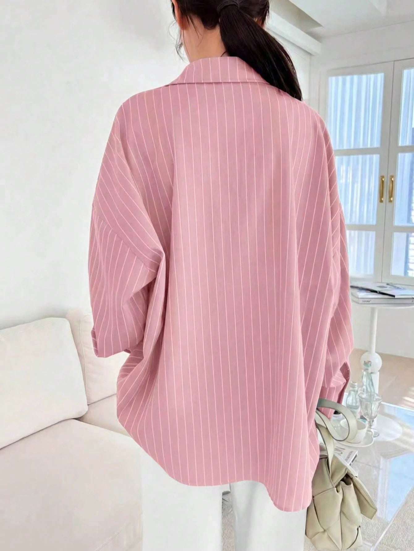 Blue And White Striped Front Button Pocket Long Sleeve Shirt, Autumn