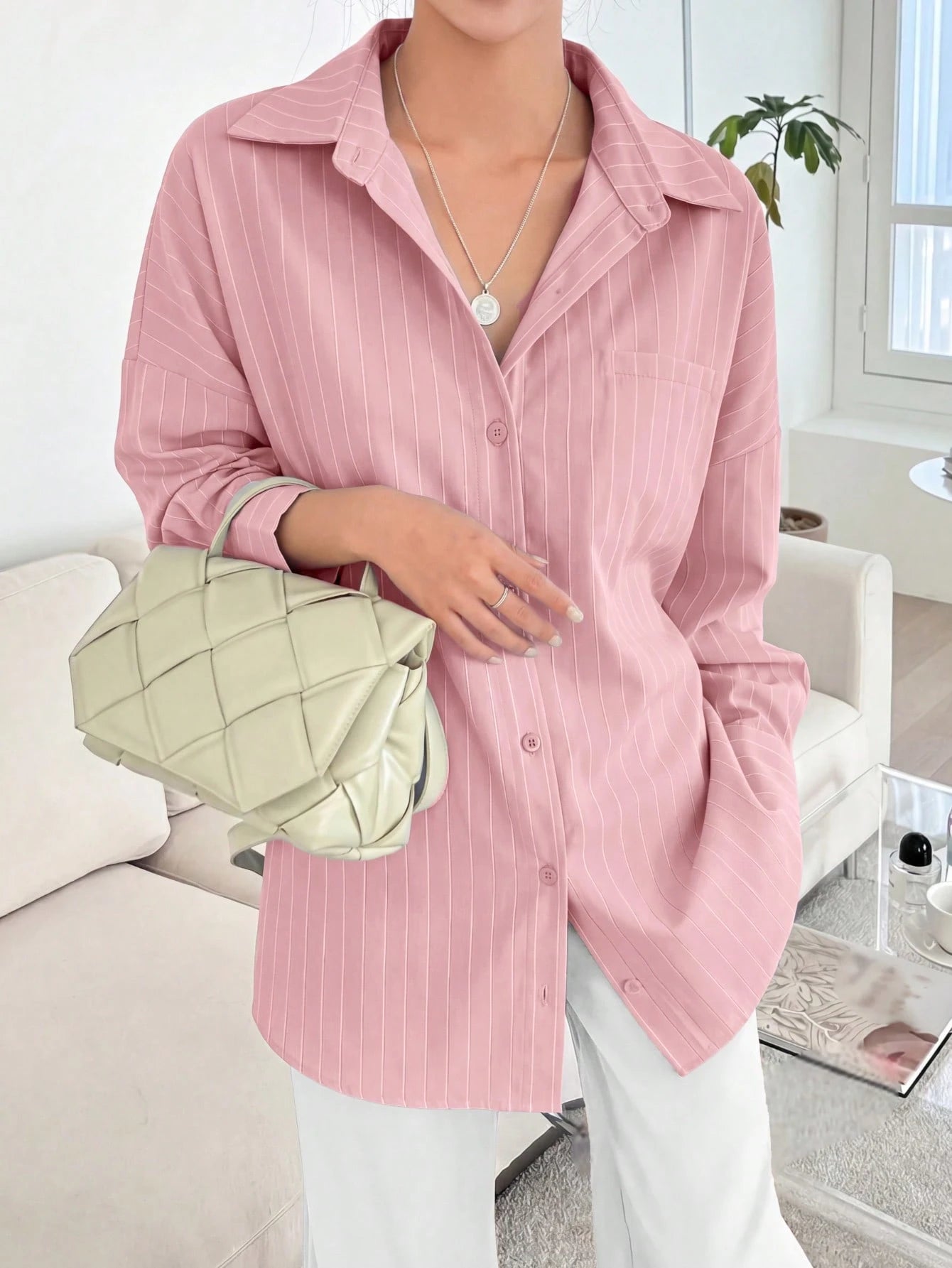 Blue And White Striped Front Button Pocket Long Sleeve Shirt, Autumn