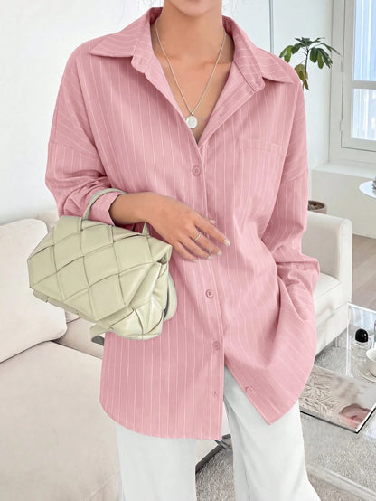 Blue And White Striped Front Button Pocket Long Sleeve Shirt, Autumn