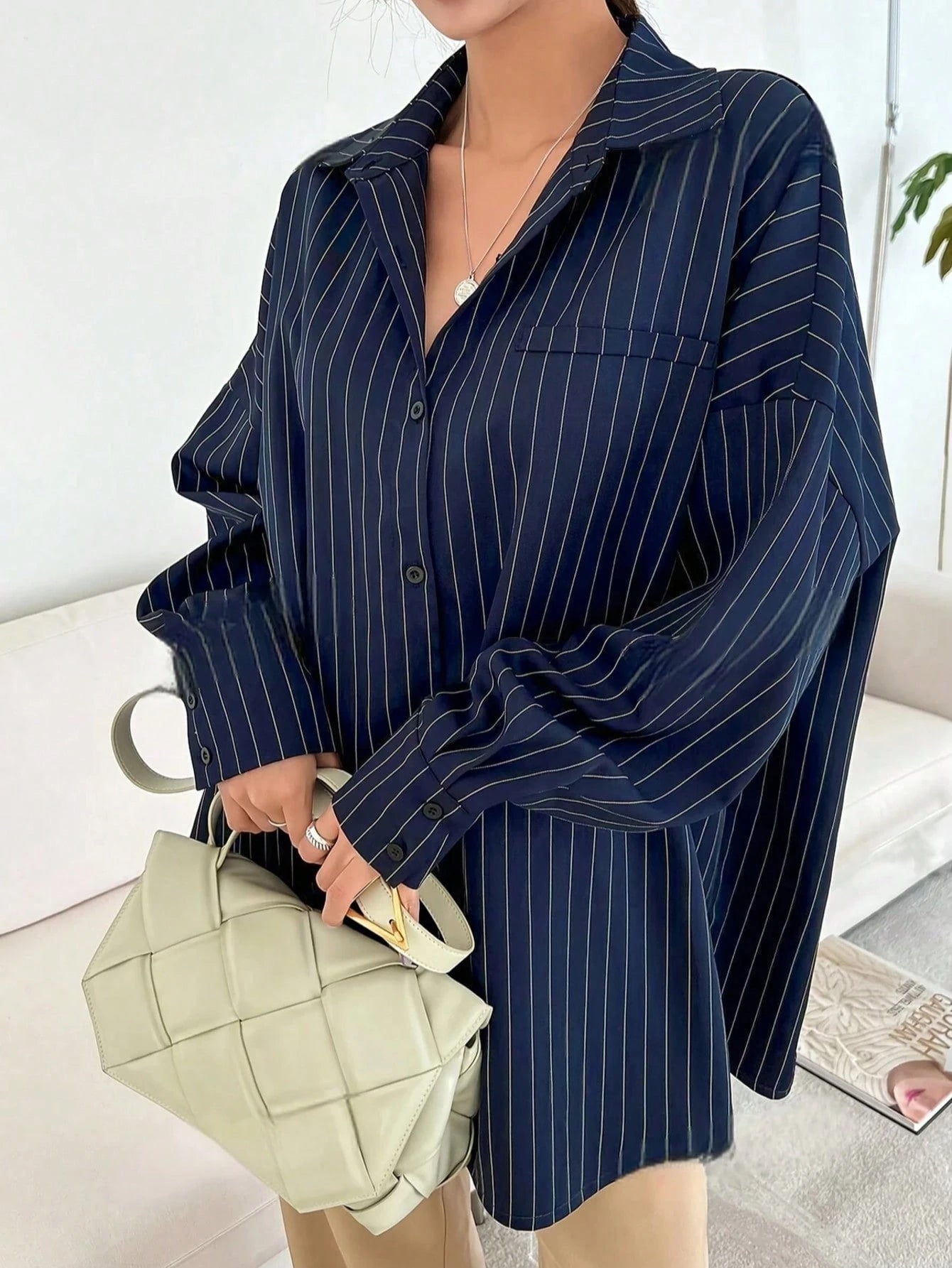 Blue And White Striped Front Button Pocket Long Sleeve Shirt, Autumn