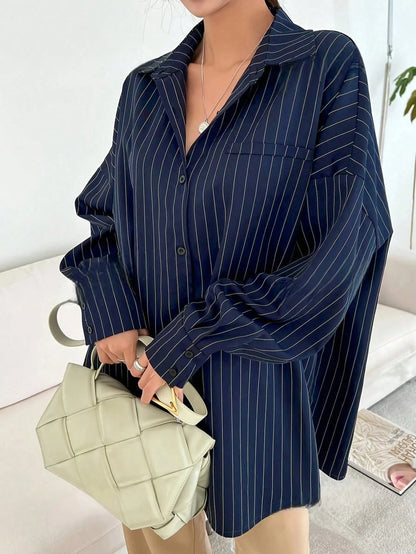 Blue And White Striped Front Button Pocket Long Sleeve Shirt, Autumn