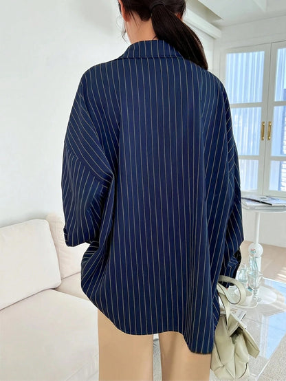 Blue And White Striped Front Button Pocket Long Sleeve Shirt, Autumn