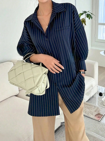 Blue And White Striped Front Button Pocket Long Sleeve Shirt, Autumn