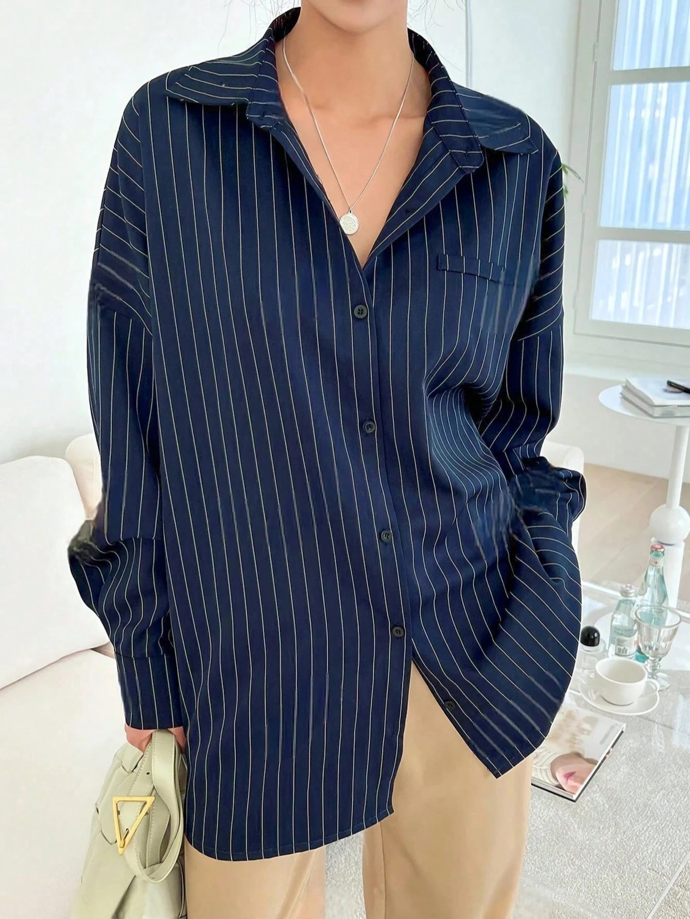 Blue And White Striped Front Button Pocket Long Sleeve Shirt, Autumn