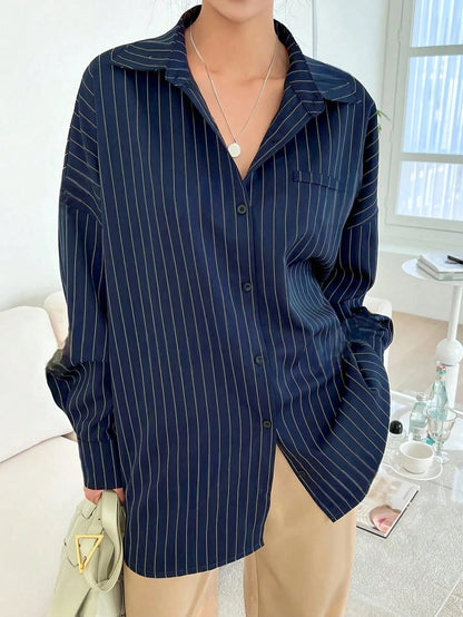 Blue And White Striped Front Button Pocket Long Sleeve Shirt, Autumn