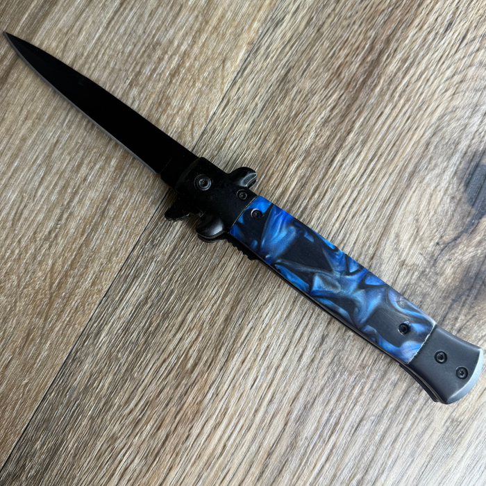 Blue Marble Stiletto Knife – 9" Spring-Assisted Black Tactical Blade