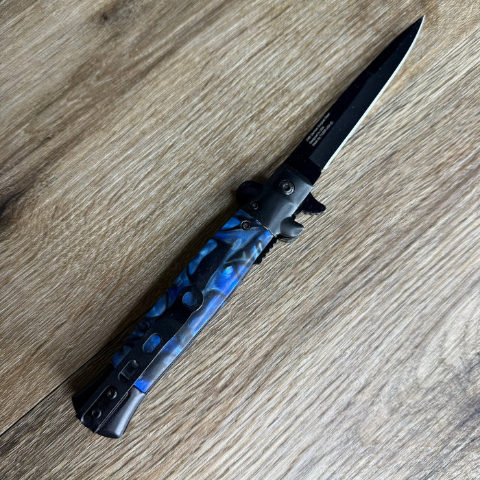 Blue Marble Stiletto Knife – 9" Spring-Assisted Black Tactical Blade