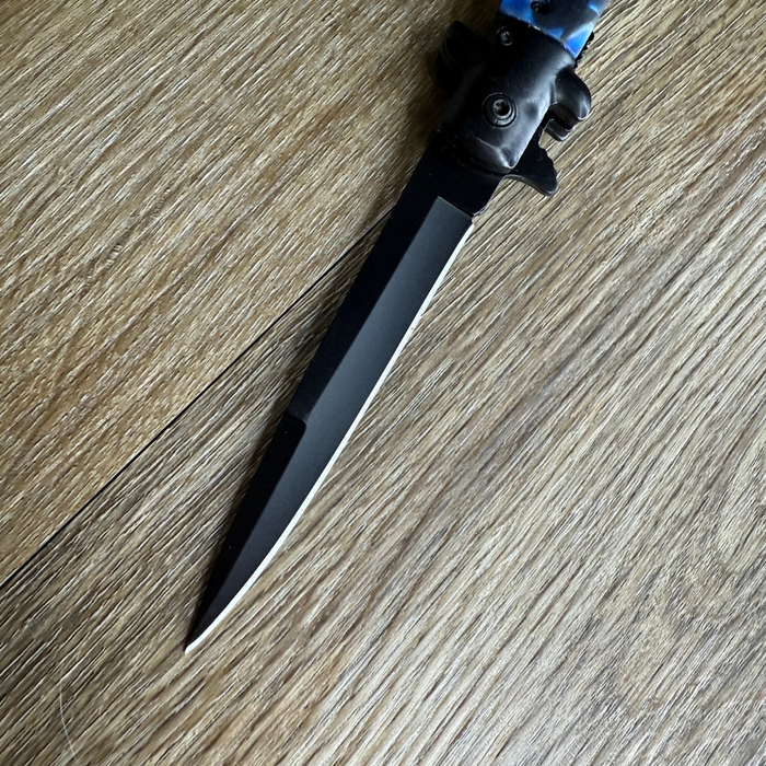 Blue Marble Stiletto Knife – 9" Spring-Assisted Black Tactical Blade