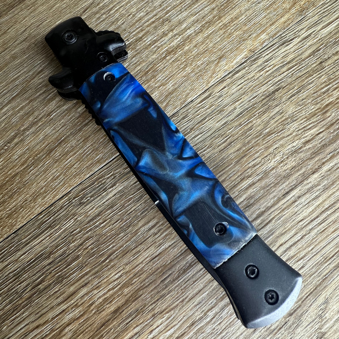 Blue Marble Stiletto Knife – 9" Spring-Assisted Black Tactical Blade