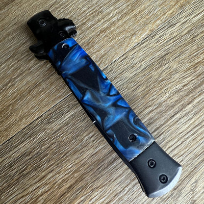 Blue Marble Stiletto Knife – 9" Spring-Assisted Black Tactical Blade